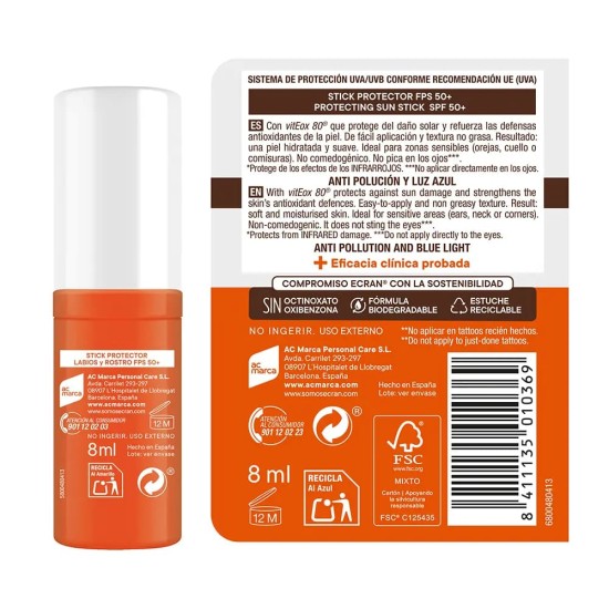 Ecran Sunnique Protector Solar Labios y Rostro Stick Spf50+  8Ml 2